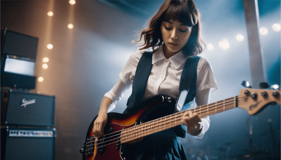 a woman with a school uniform playing electrical bass guitar