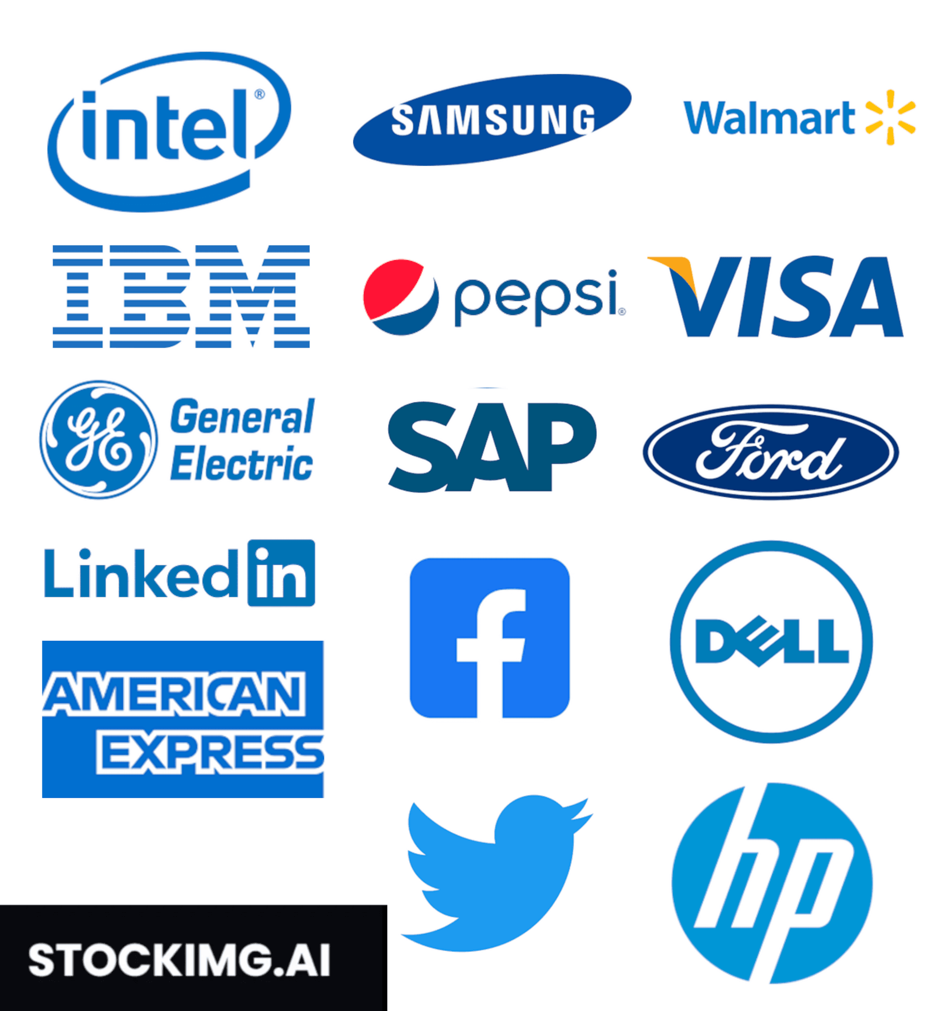 brands that have blue logos including, intel, samsung, Walmart, ibm, pepsi, visa, general electric, sap, ford, linkedin, facebook, dell, american express, twitter, hp logos