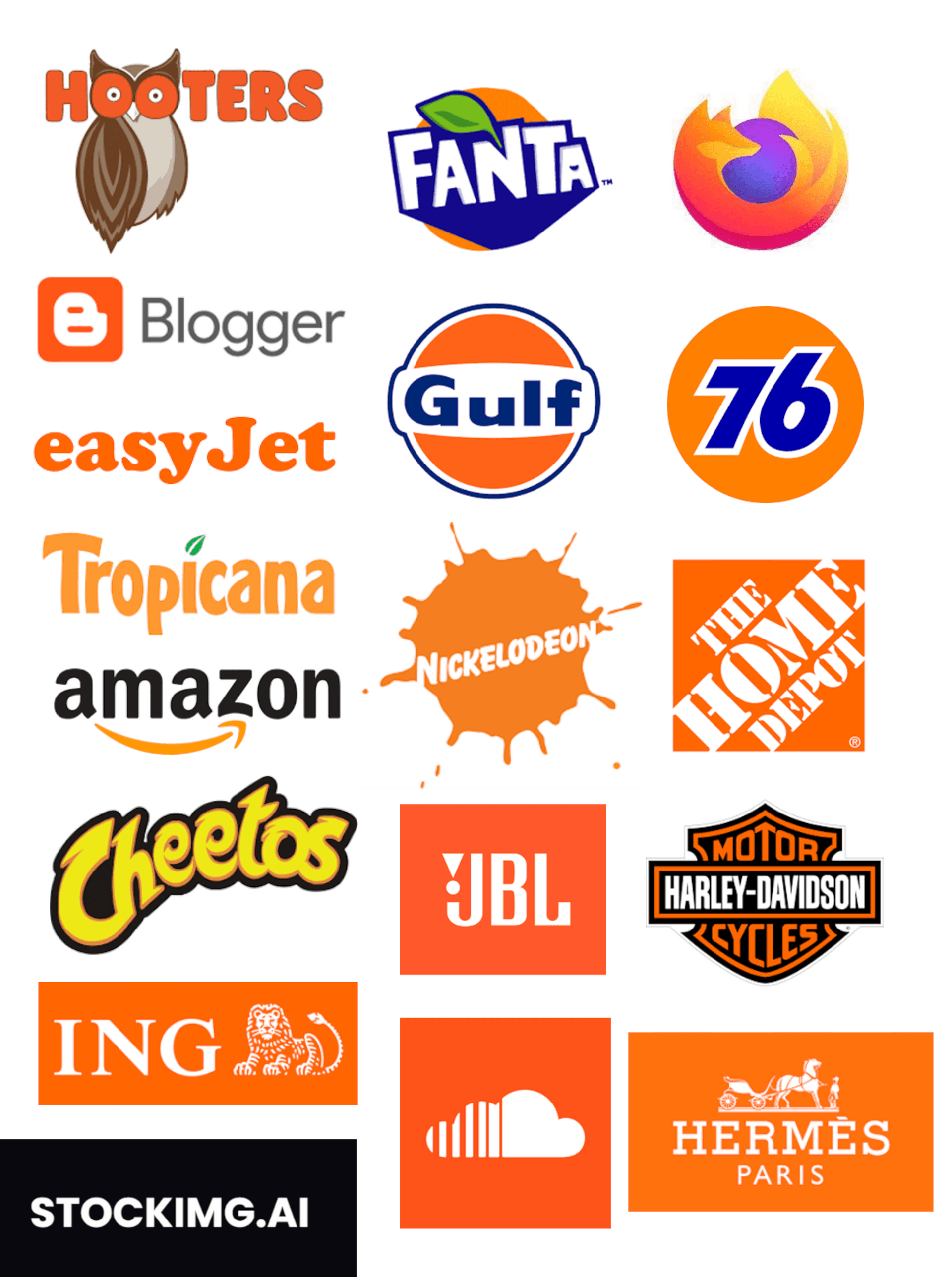 brands that have orange logos including, hooters, fanta, mozilla firefox, blogger, gulf, easyjet, nickeledion, the home depot, tropicana, amazon, cheetos, jbl, harley davidson, ing bank, soundcloud, hermes