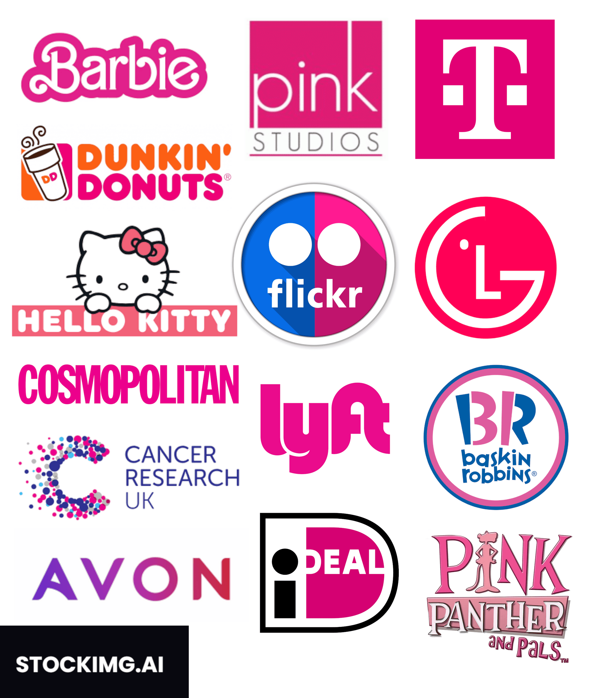 pink logos gallery including, Hello Kitty, Barbie, Dunkin', Cosmopolitan, Avon, t-mobile, LG, baskin robbins, pink panther