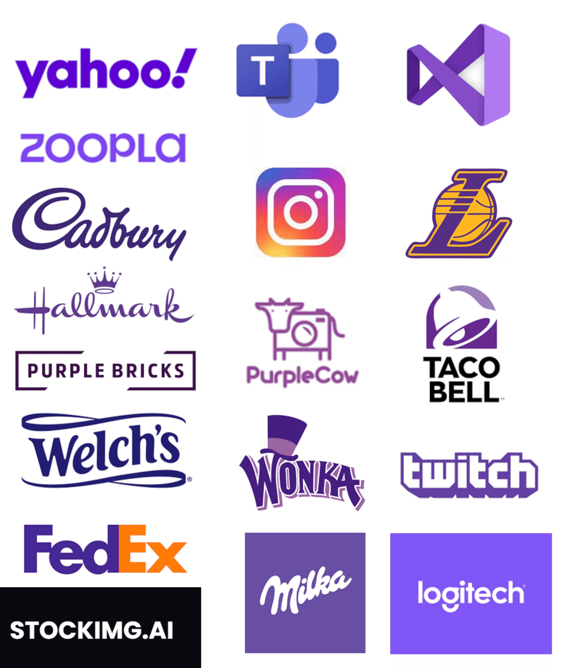 purple logo examples including, fedex, ms teams, vs code, purple, instagram, lakers, logitech, wonka, twitch, taco bell, milka, yahoo, welch's zoopla