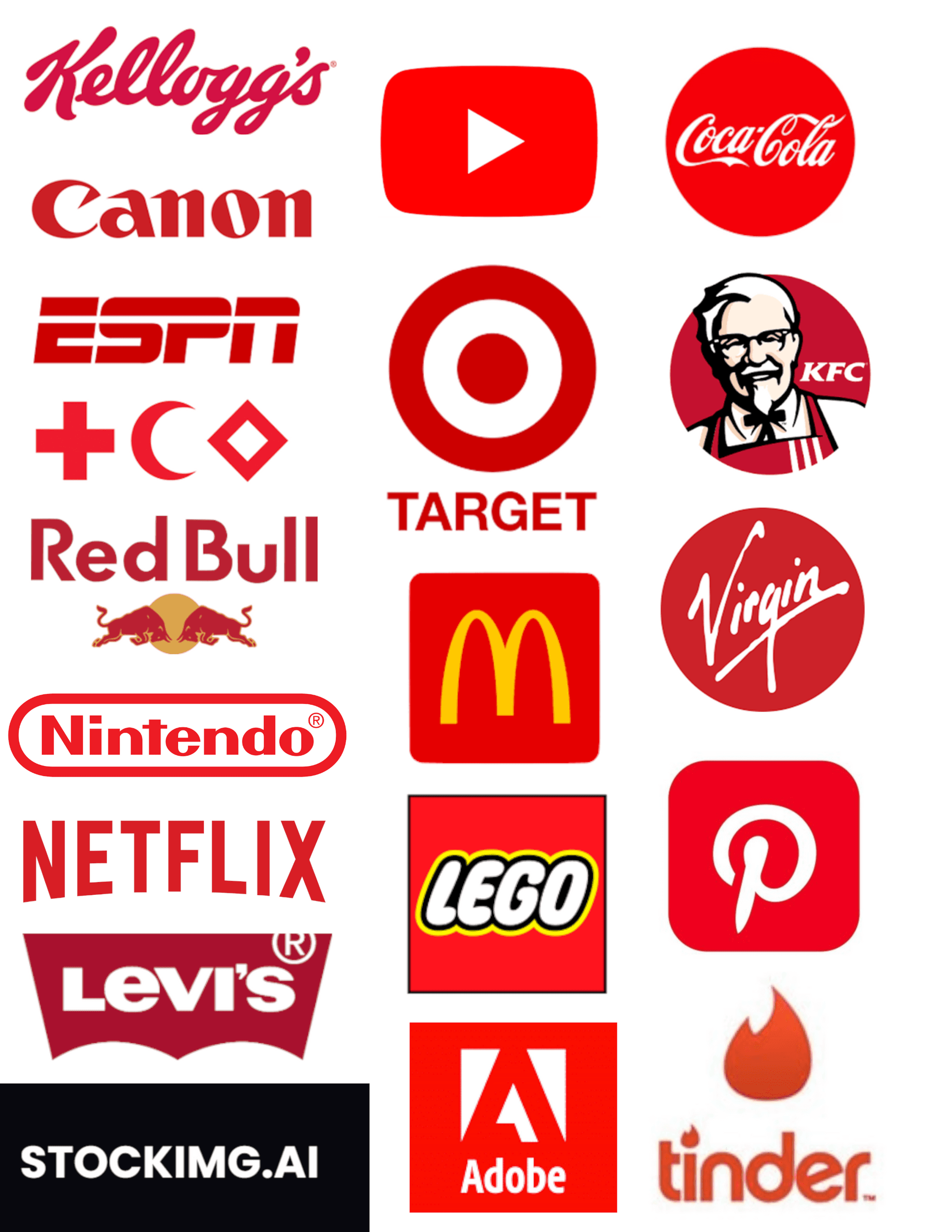 orange logo examples including, target, mcdonalds, netflix, adobe, youtube, kfc, canon, nintendo, virgin, espn, gellogg's, cnn, lego, redbull, redcross, pinterest, levi's, coca-cola, tinder