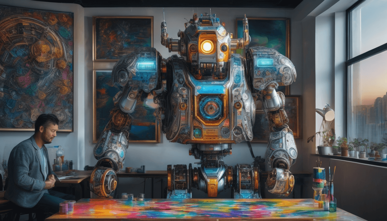 a man and a robot painting together. lovely :3