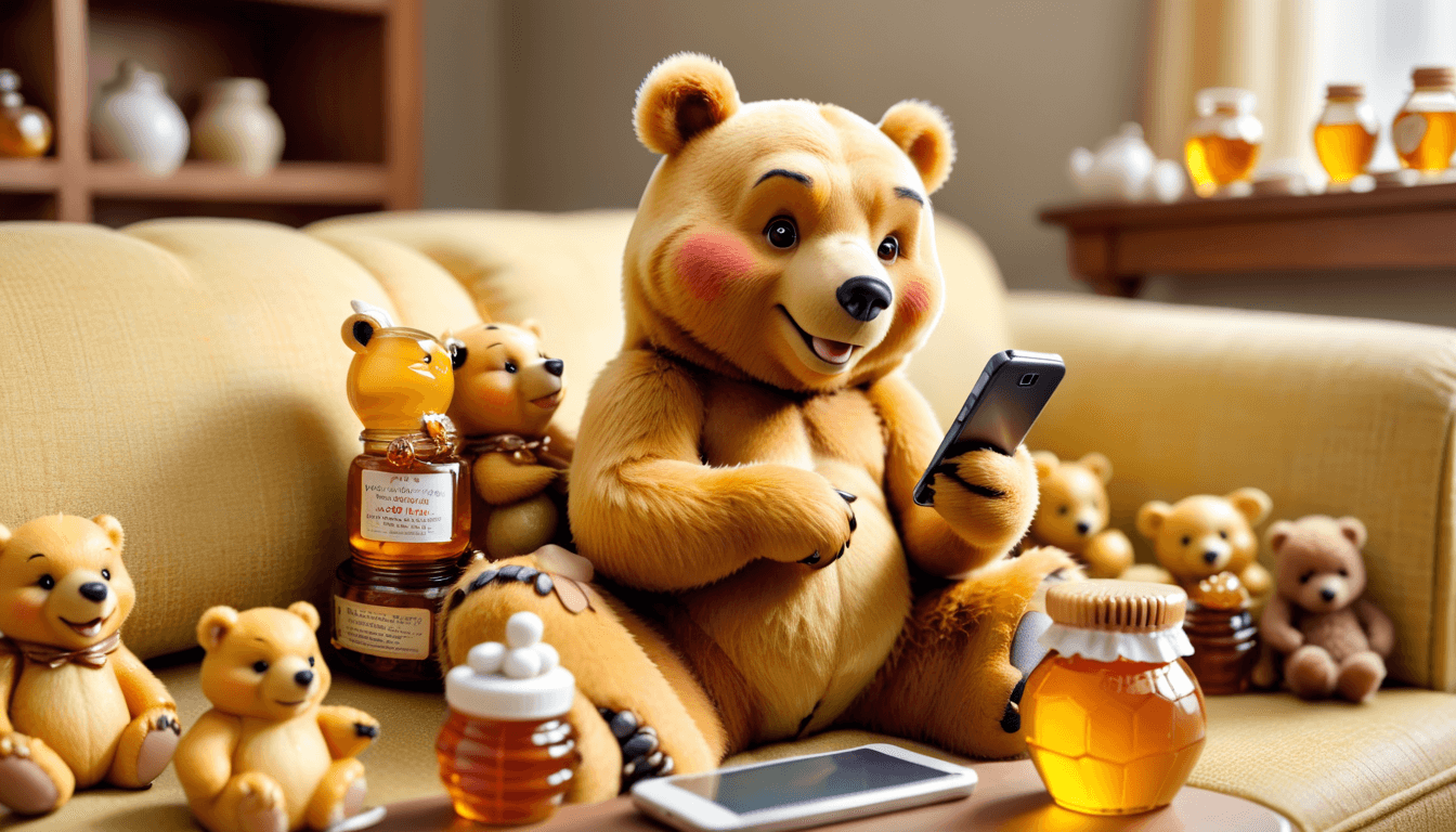 a funny winnie-puh bear sitting on the couch staring in his phone with many honey pots next to him