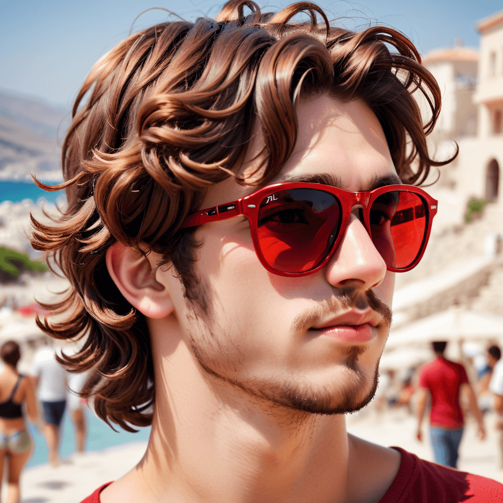 A boy around 28 years old. Body image of slide profile (left side). he has short wavy brown hair. Part of his hair goes to his cheek ( we DO not see her face) and also wears red eclectic sun glasses. he makes me think of Ipatia the philosopher, stavroula gatsou the greek activist poet, and the greek actor tzeni karezi