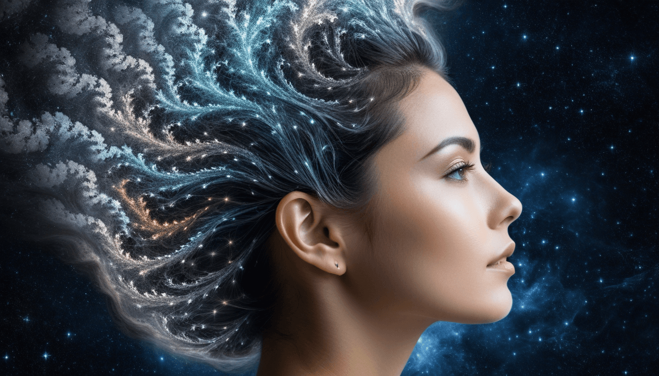 Portrait of a woman with fractal hair going into space. AI genarated