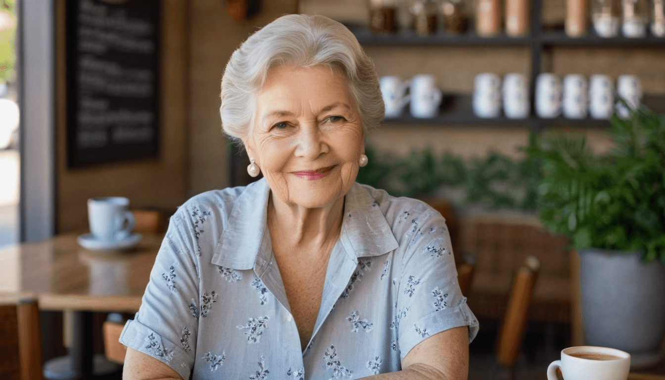 old woman wearing a casual short-sleeve shirt against a cozy coffee shop background