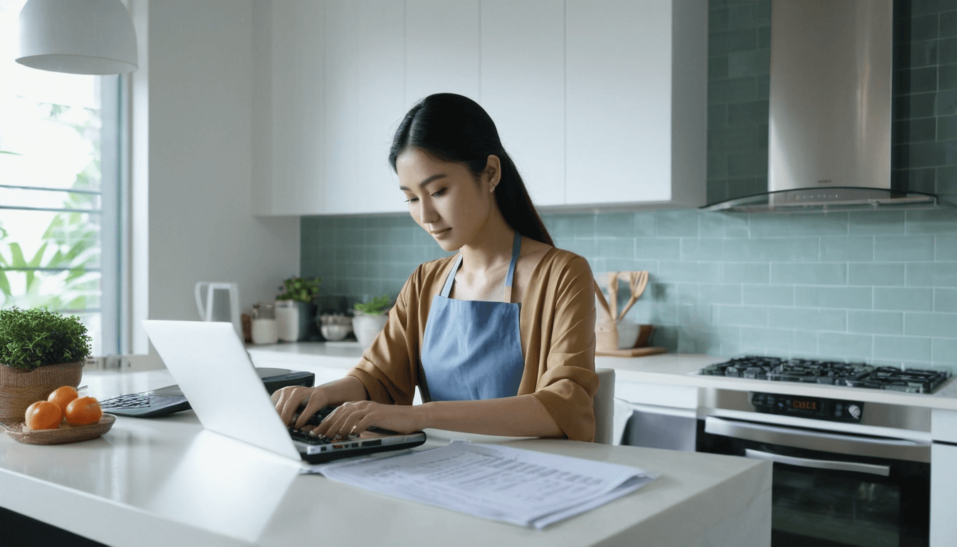 Asian woman use laptop and calculator calculate working project budget in kitchen at home