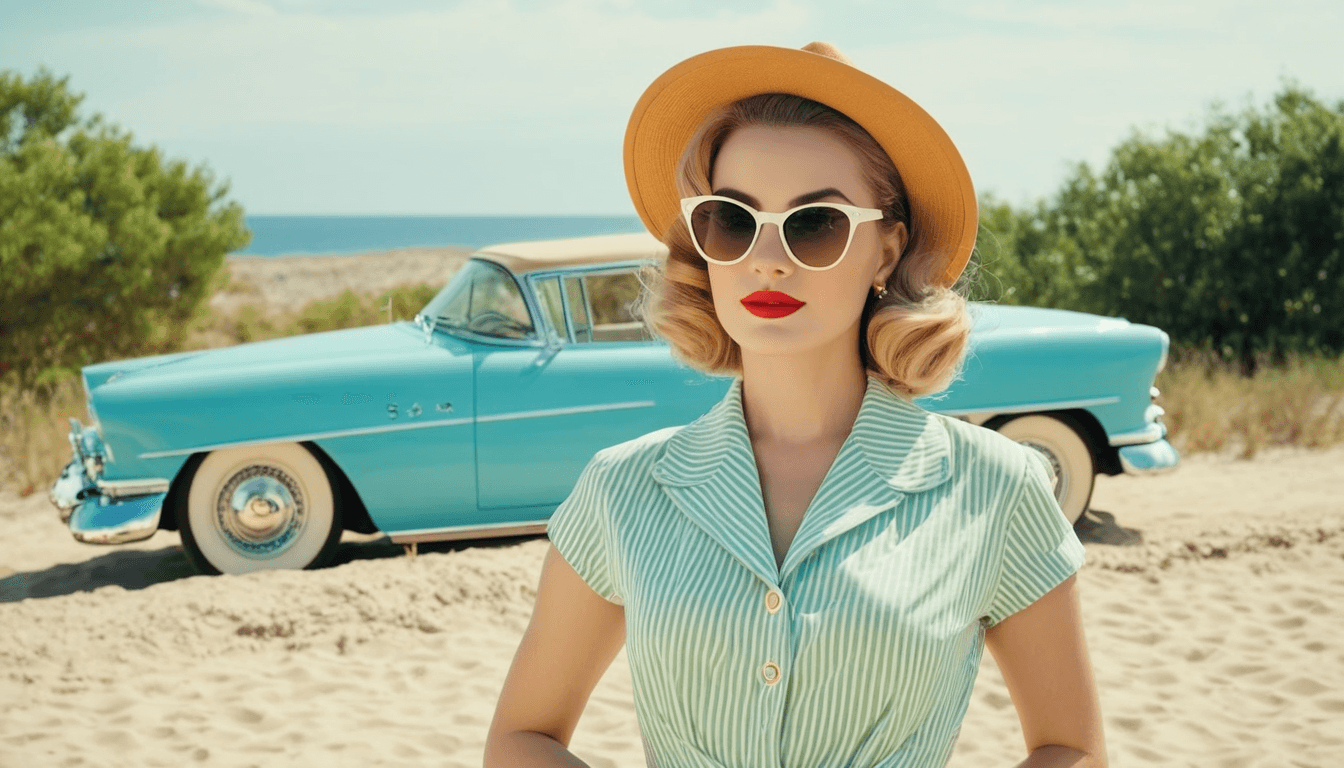 Fashion woman wearing retro 50s clothing. Summer travel vacation concept.