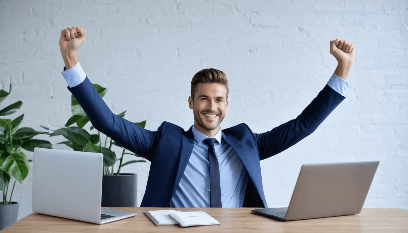 Happy excited successful modern business man holding laptop and raising arm up to celebrate achievement