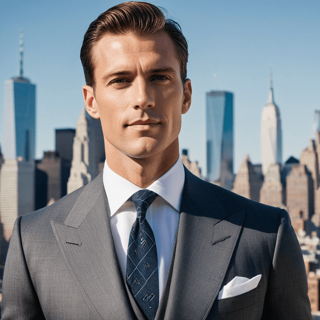 A close-up portrait of a handsome man in his late 30s, standing confidently in front of a panoramic view of the Manhattan skyline on a clear day