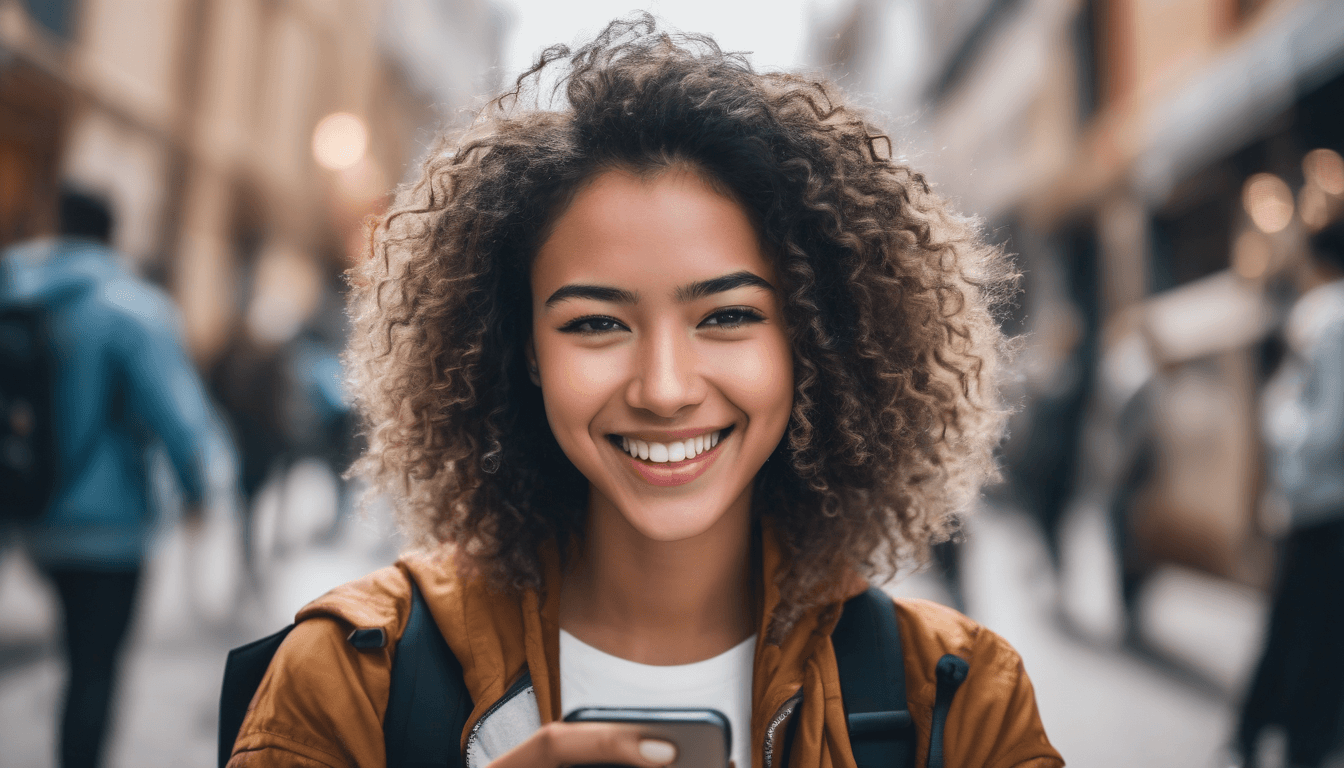 extreme wide angle shot, full body shot, genZ happy person, holding a single iPhone, smile on their face. person in between 20 and 30 years old, with cool hair and cool clothing