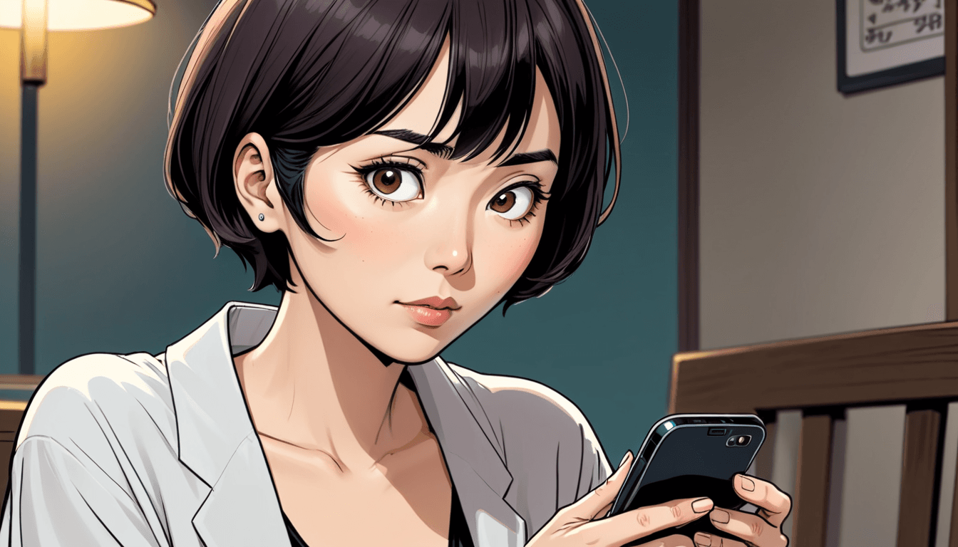 a30 year old Japanese woman, droopy eyes, very short hair, using smartphone 