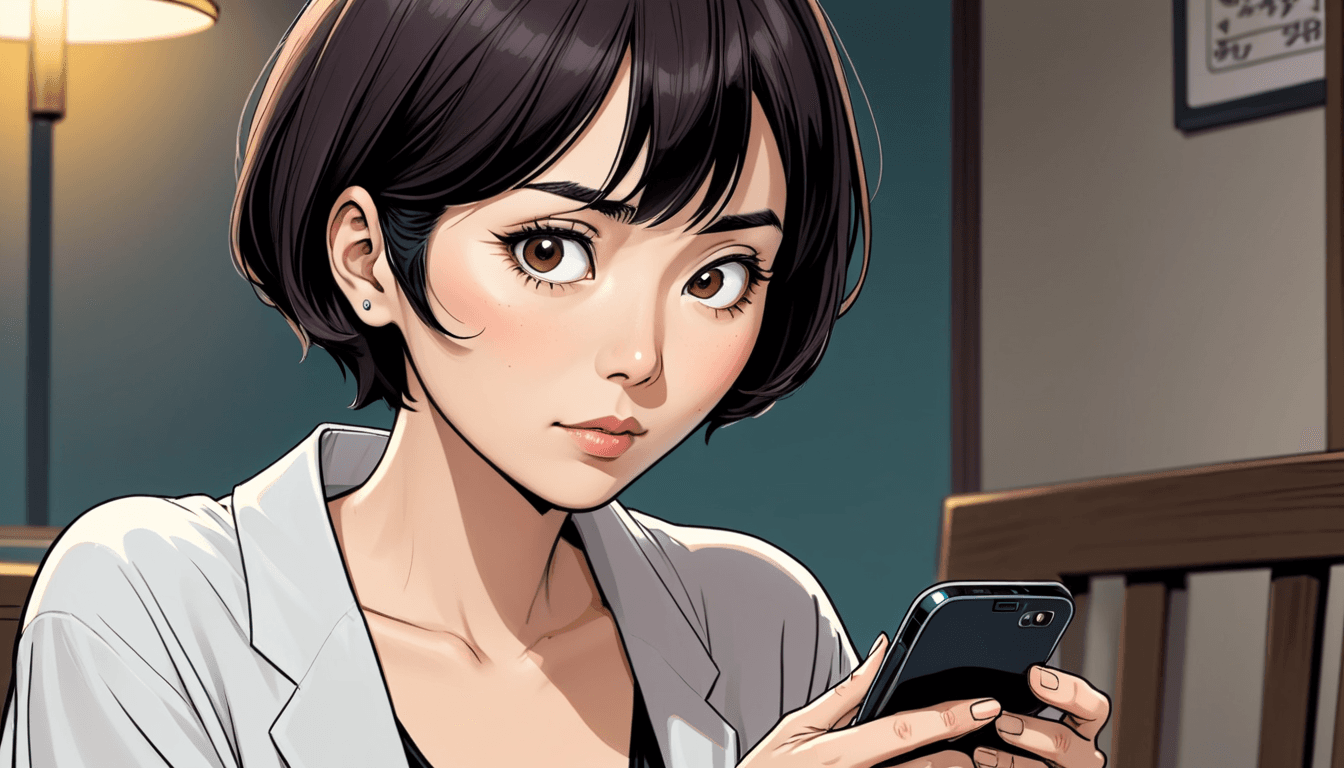 a 30 year old Japanese woman, droopy eyes, very short hair, using smartphone