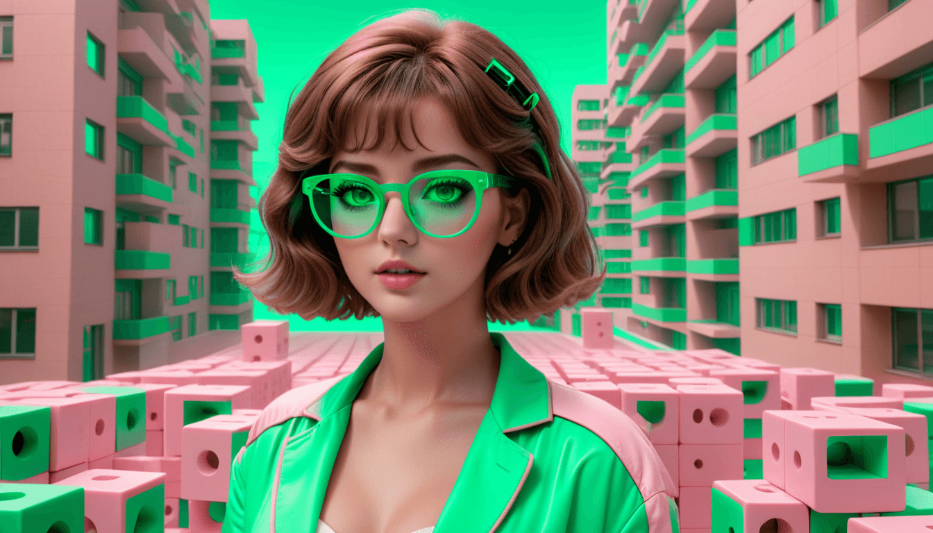 surrealistic vaporwave art music video in Poland with blocks of flats and vaporwave people , viral vaporwave music video and woman with green eyes and glasses and brown hai