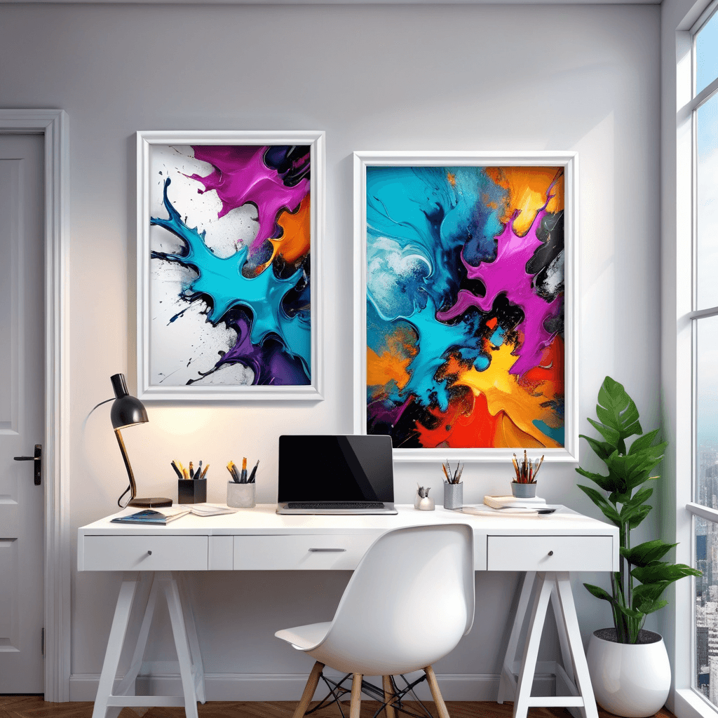 Go for a colored theme with abstract photos or artwork. The white frame adds a touch of sophistication to the overall look.work desk