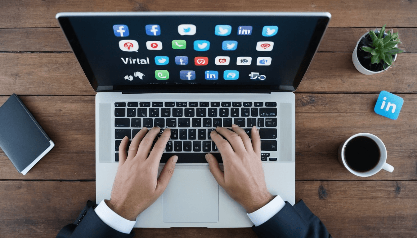 A digital marketer's knolling setup, featuring logos of all the social media platforms and search engines neatly arranged on a flat surface.