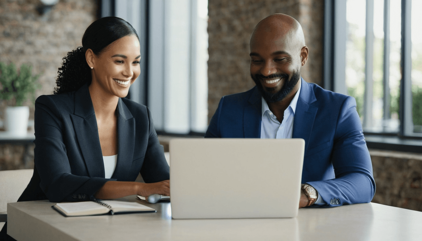 Two smiling diverse businesspeople using a laptop together