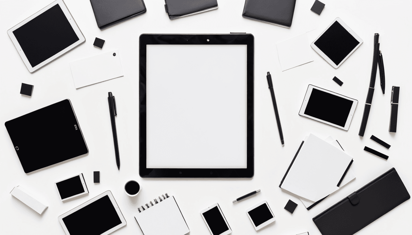 black tablet computer with blank pages on white background