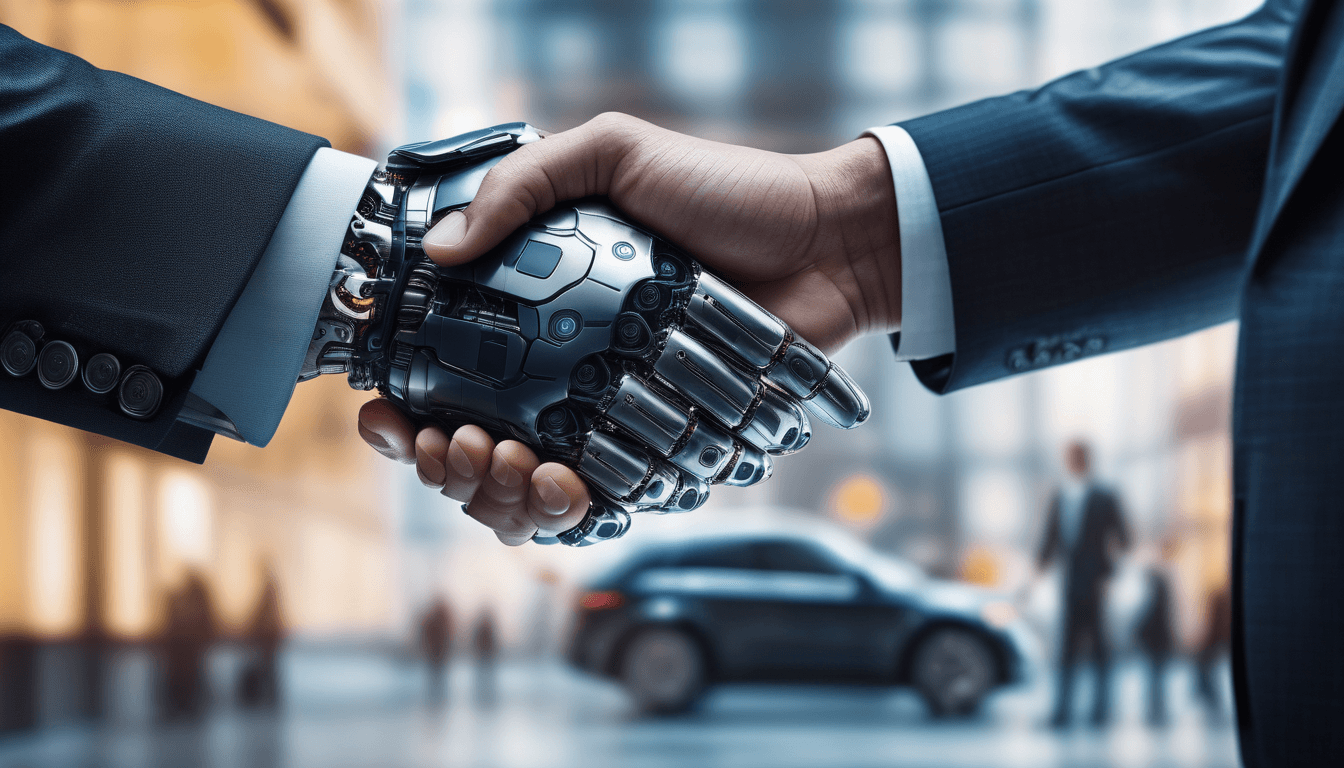 Hand of a businessman shaking hands with a Android robot