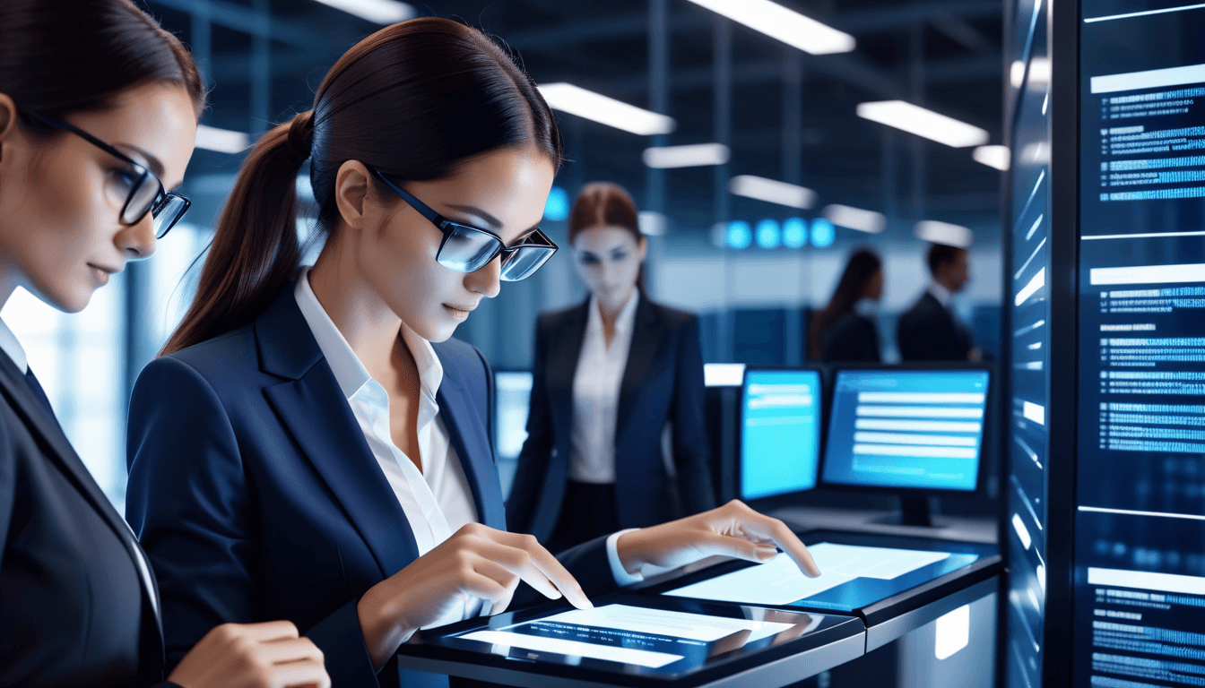 Businesswomen check electronic documents on digital documents on virtual screen