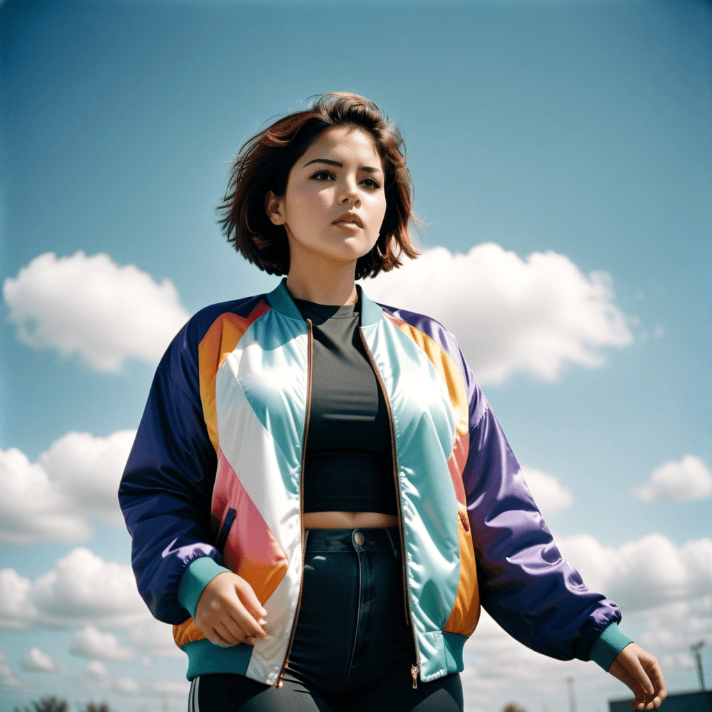 slightly chubby Latina short haired woman with a full 90s colorful sport jacket and a black t-shirt a the center of image lifting above her head a big platform. floating in the sky