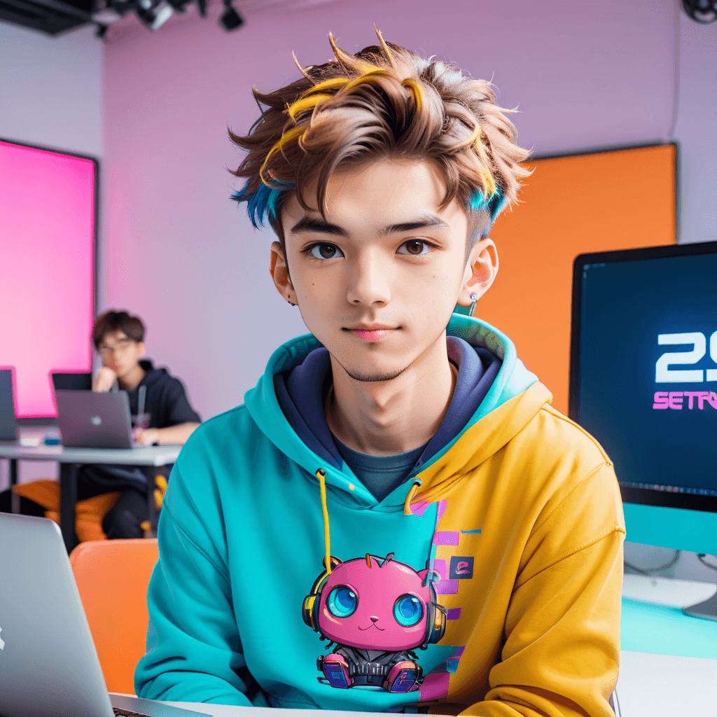 Portrait of a 25 years old man sitting on a chair in a studio, looking straight at the camera and center, a laptop on a table in front of him, he is talking to the camera, wearing a hoody, colorful, cyberpunk, portrait, setting straight, font view