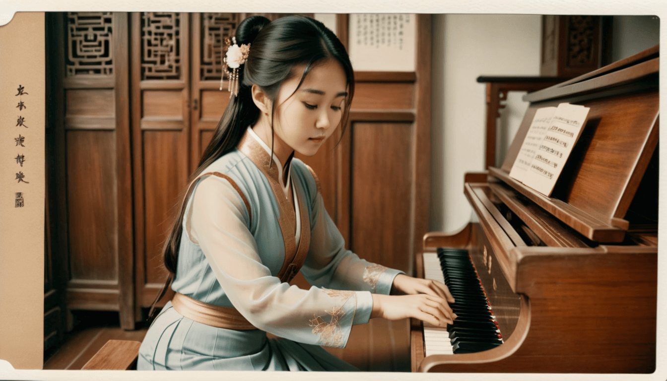 a young Chinese woman is seated at a wooden-colored piano