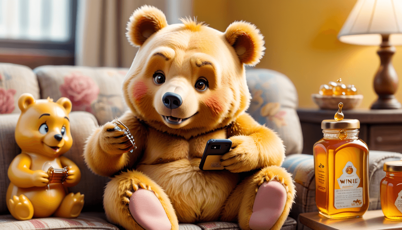 a funny winnie-puh bear sitting on the couch staring in his phone with many honey pots next to him