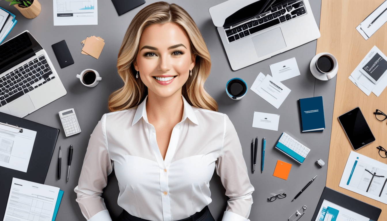 Competent business woman standing smiling in modern office