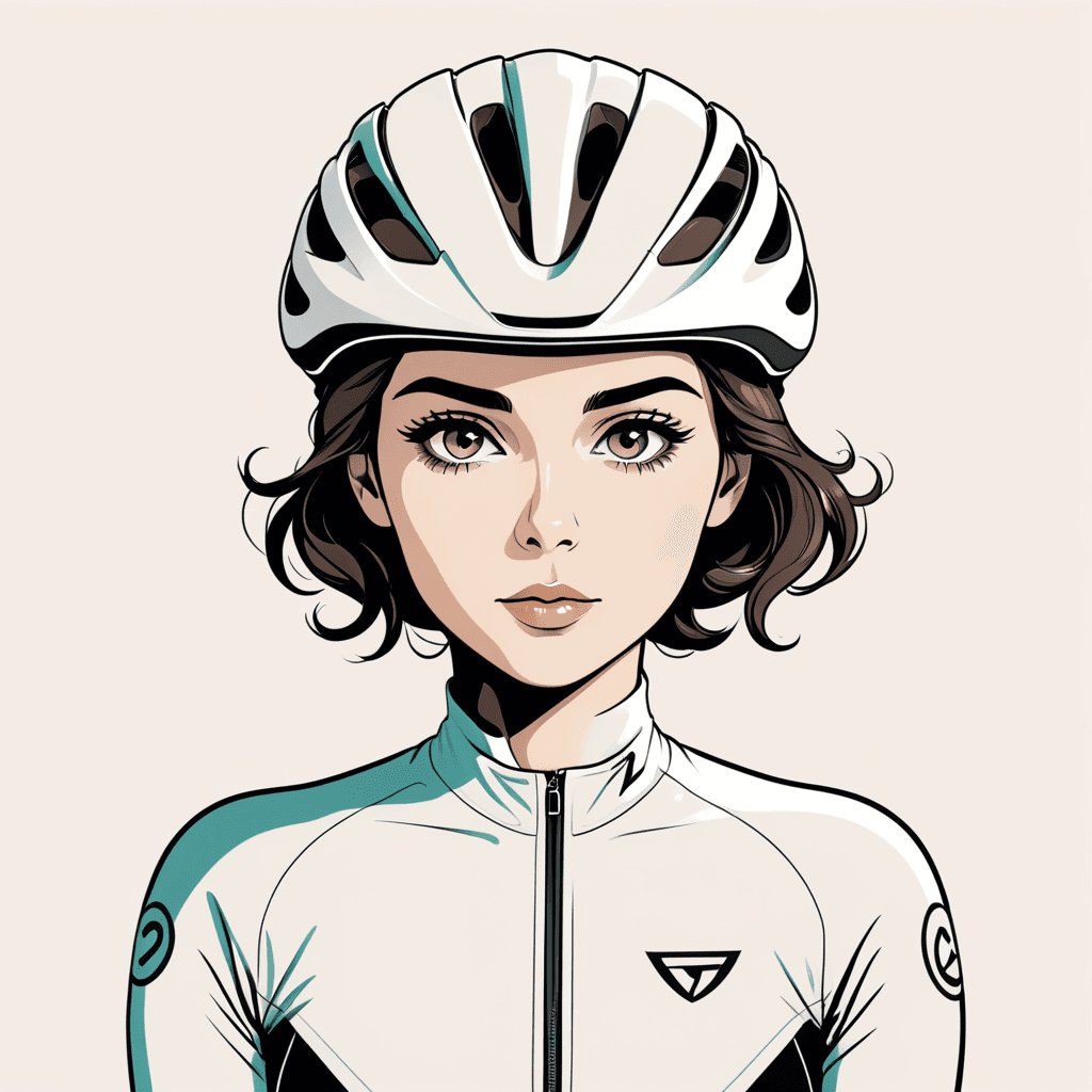 illustration line art cyclist woman curls helmet front total eyes