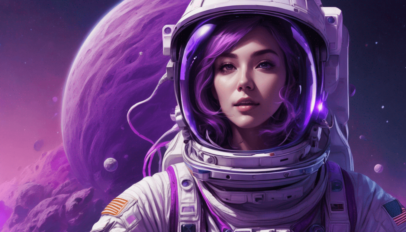 an astronaut woman, space, purple haze, highly detailed illustration, intricate details, detailed computer graphics, 4K, flat colors, crisp details